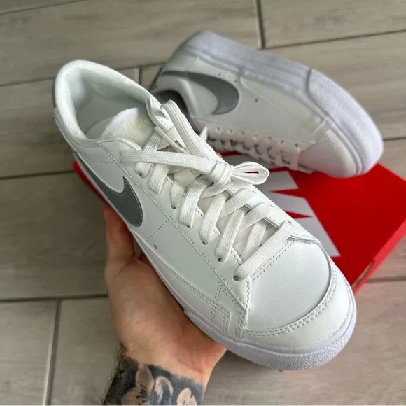 NIKE BLAZER LOW WHITE SILVER PLATFORM SNEAKERS - Picture 2 of 4
